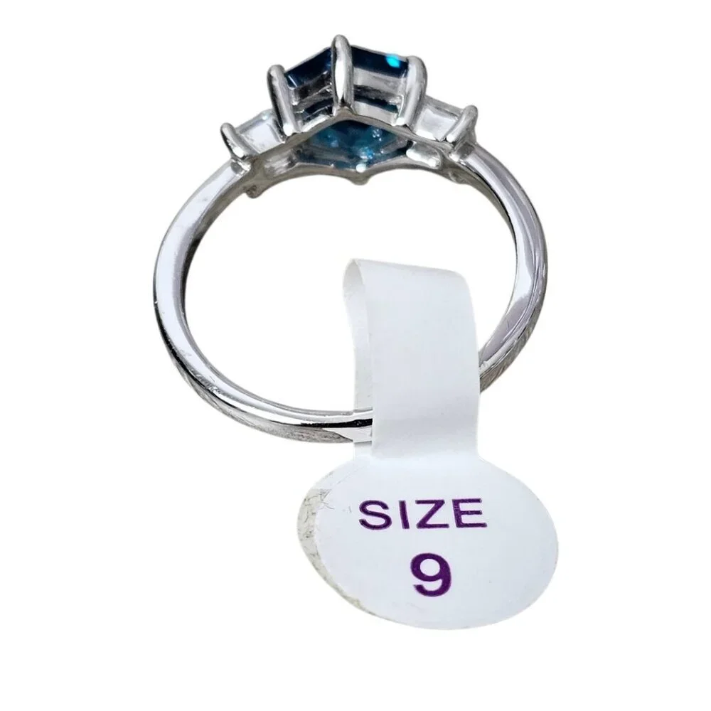 Silver Tone London Blue Topaz Hexagon Diamante CZ Ring New Size 9
